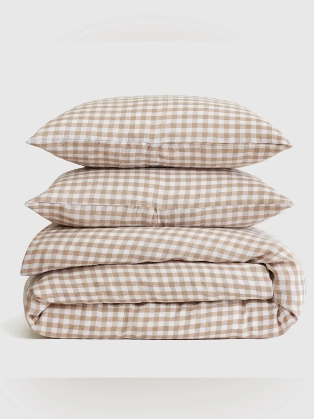 Quince European Linen 3 Piece Gingham Duvet Cover Set, Full/Queen (Cafe/White)